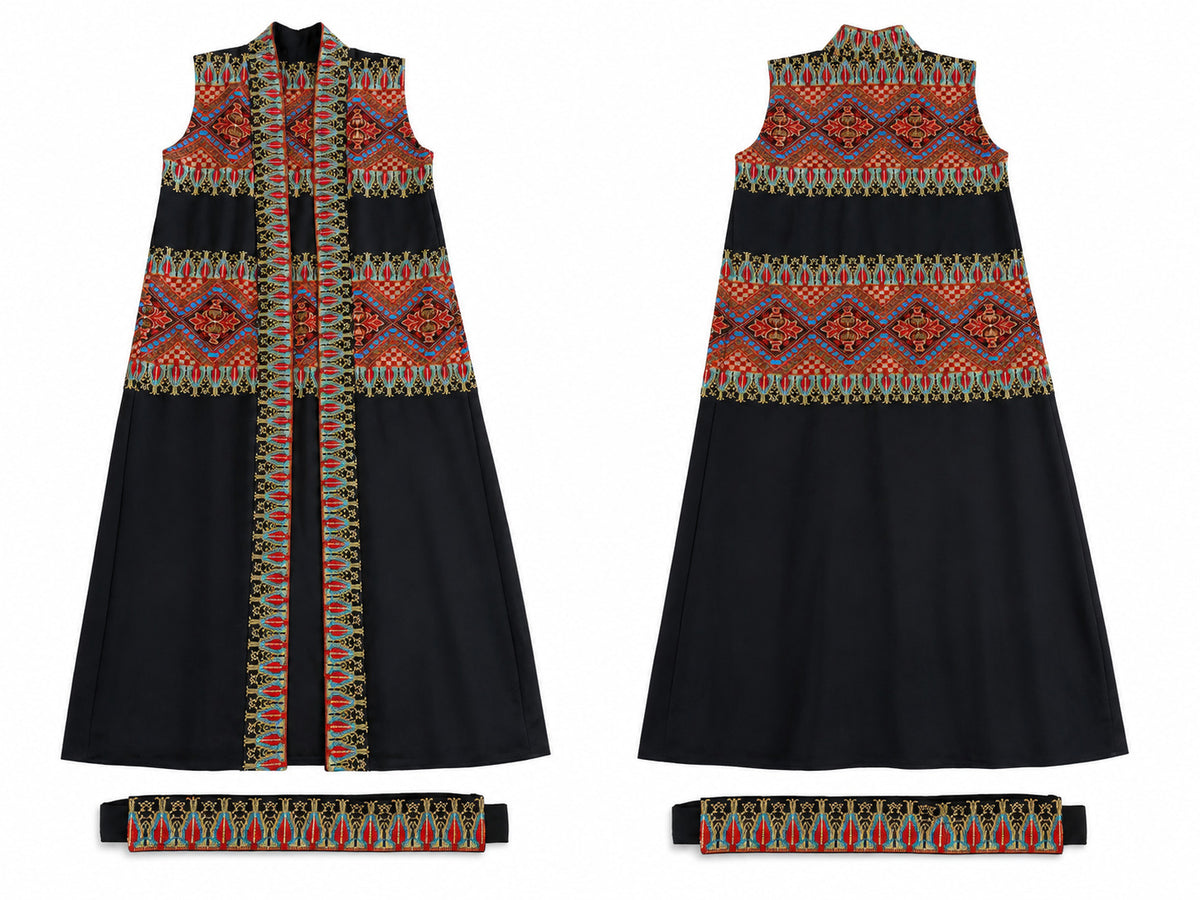 Embroidered Black Robe Vest Set