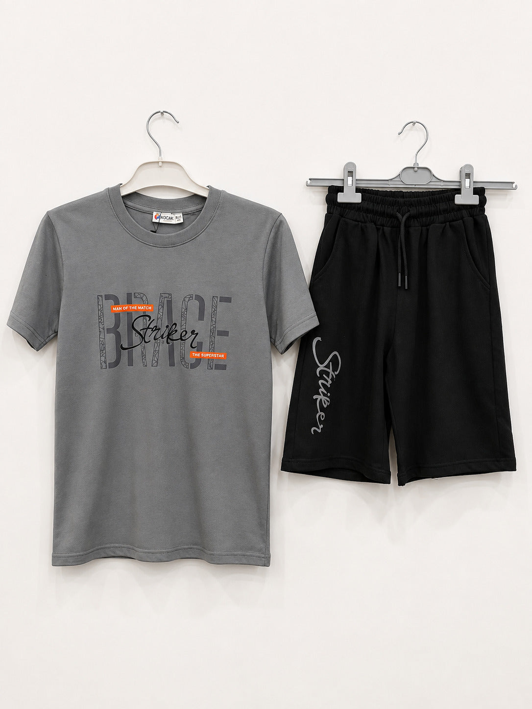 Gray Striker Shirt and Black Athletic Shorts