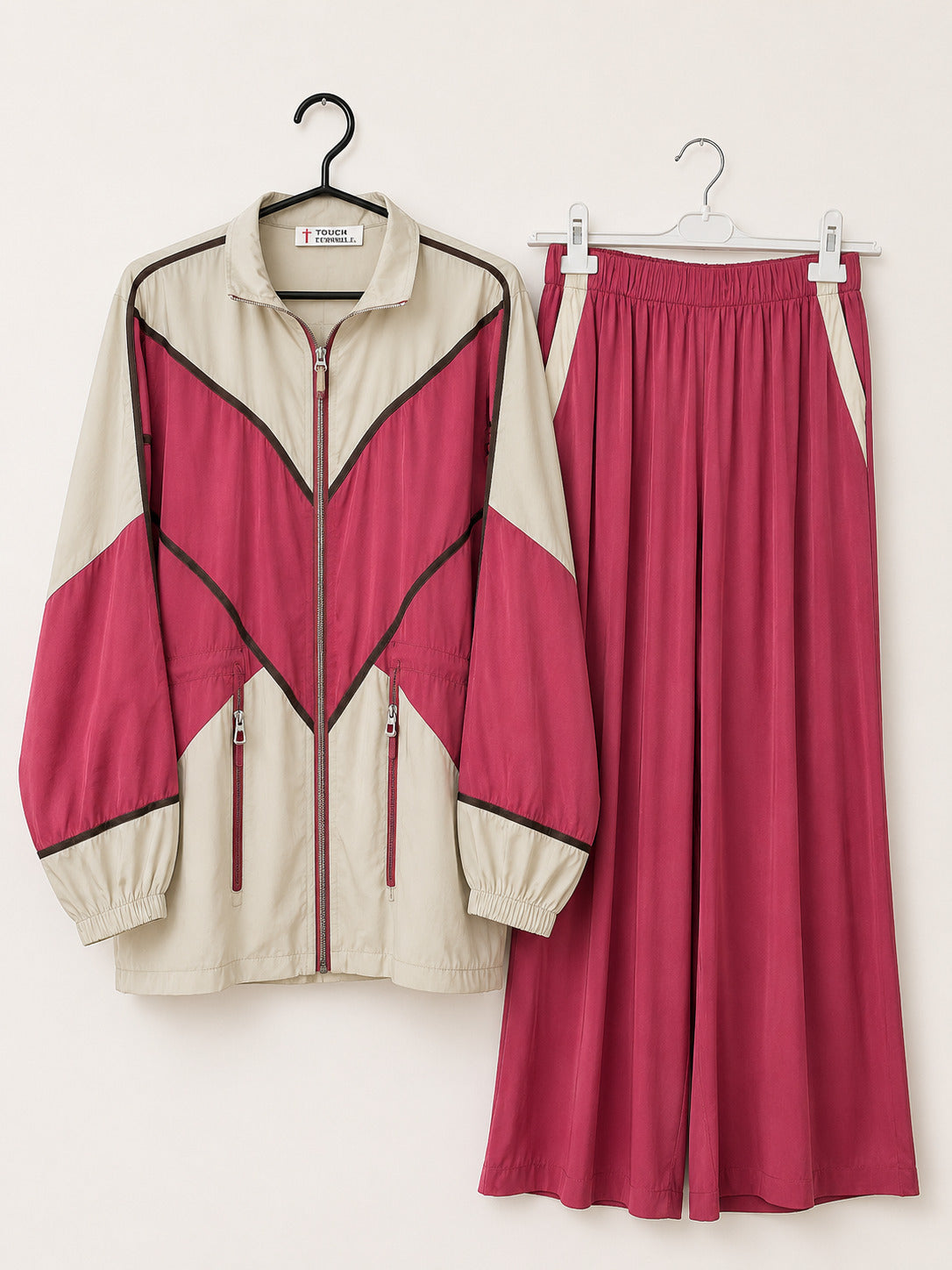 Beige and Magenta Color-Block Tracksuit