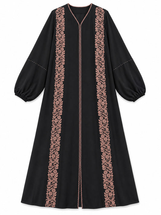 Black Dress with Pink Floral Embroidery