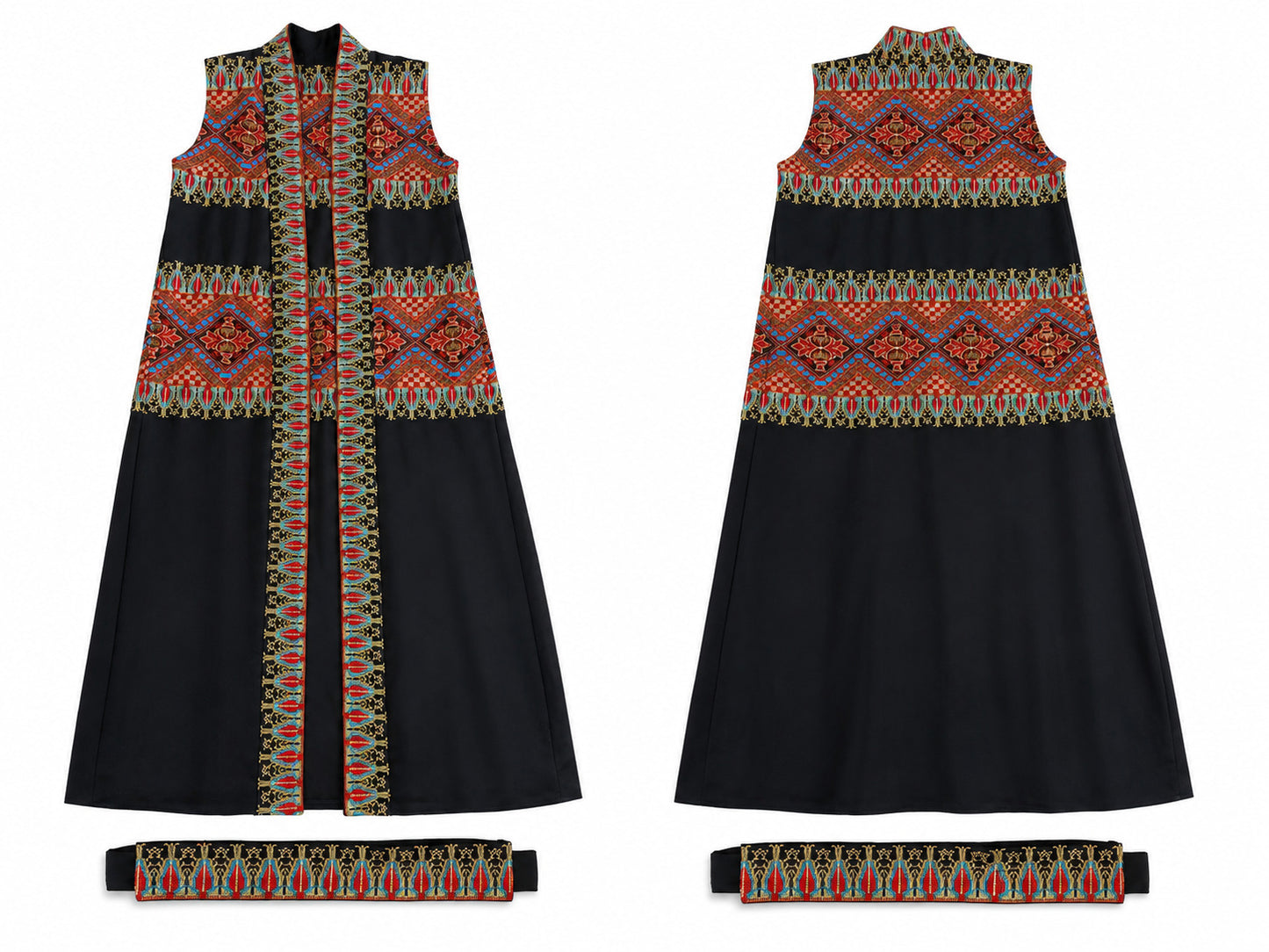 Embroidered Black Robe Vest Set