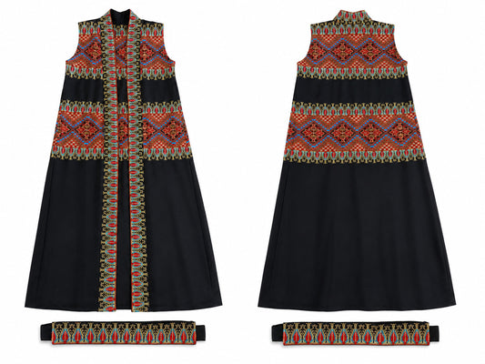 Embroidered Black Robe Vest Set